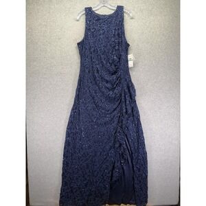 Alex Evenings Dress Womens 16 Navy Lace Sequin Gown Ruched Side Slit New